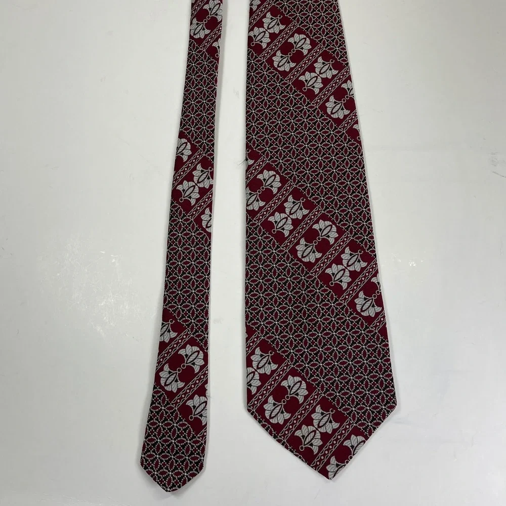 Vintage Burdine's Necktie Men Burgundy Geometric Floral 1970s Wide Tie Retro